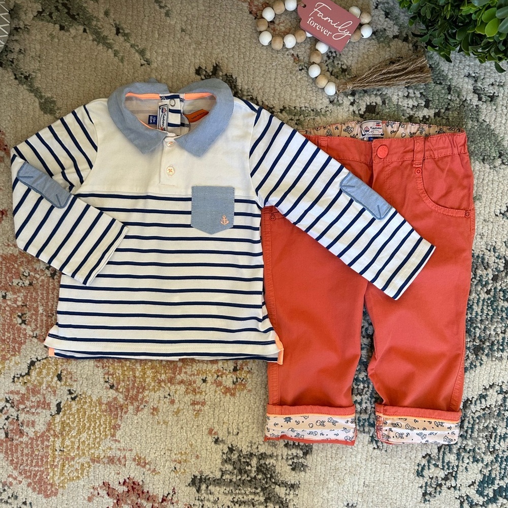 Boutique Baby Girl 2-Piece Set Nautical Striped Polo Blouse & Coral Pants 12M